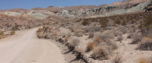 A dirt road travels through a dry desert lanscape