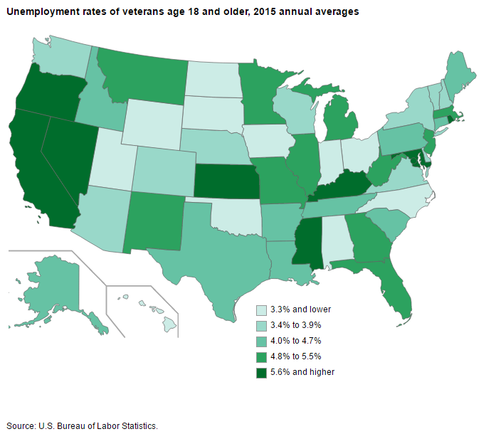 Map of unemployment rates for veterans by state in 2015