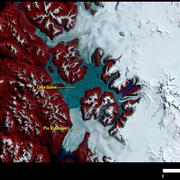 Image shows a satellite view of a glacier and surrounding ice field