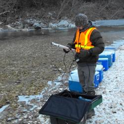 USGS Scientist collecting water samples in a stream