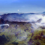 Aerial view of the caldera of Mt Tambora, island of Sumbawa, Indonesia.  