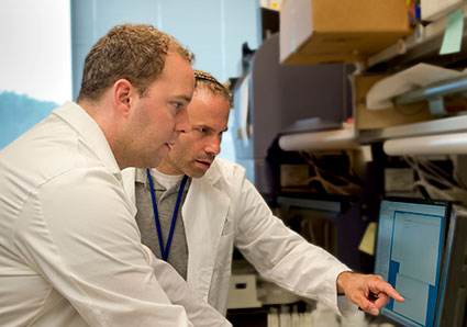 Two scientists review data on a computer screen