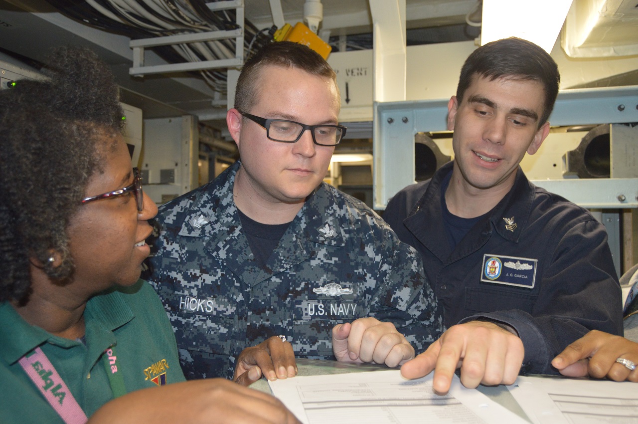 SAN DIEGO (Jan. 13, 2017) Yolanda Zanders-Barr, left, an engineer assigned to Space and Naval Warfare Systems Center Atlantic (SPAWAR), reviews a technical manual with Information Systems Technician 2nd Class David Hicks and Information Systems Technician 1st Class Justin Garcia aboard the guided-missile destroyer USS Milius (DDG 69). Zanders-Barr and a team of SPAWAR engineers, scientists and technical experts were on board Milius performing the ship's first system-of-systems operability test (SOT), which was completed on Jan. 13.  U.S. Navy photo by Dawn Stankus/Released 

