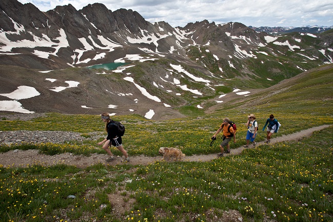 A group of hikers on a trail in Handies Peak Wilderness Study Area. Photo by Bob Wick.