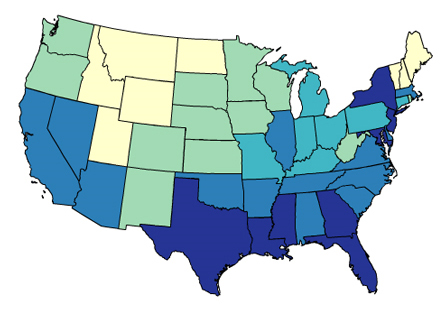 U.S. Map with states shaded in different colors of blue