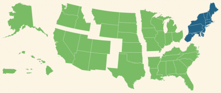 A map showing the regions of the United States, with the northeast region highlighted.