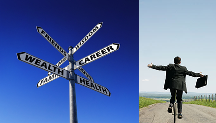 Business man on a bicycle; sign post