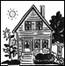 A black and white illustration of a two-story house with a tree and flowers. 