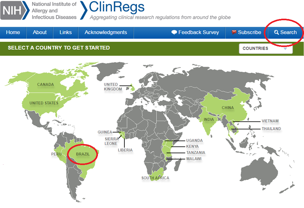 Screen shot of ClinRegs showing country selection.