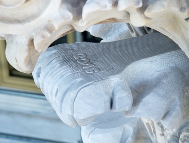 2016 carved into a column capital during the Capitol Exterior Preservation project's stone work.