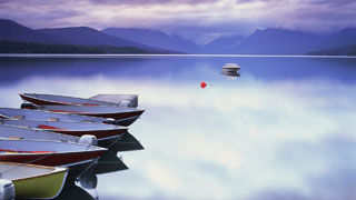 Sunrise on Lake McDonald with Boats, Glacier National Park, Montana