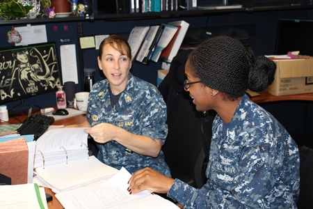 (BREMERTON, WA) Chief Zita Either and PO1 Valerie Randolph navigating the Job Performance Aids (JPAs) for Enhancement for Drill Management (EDM)