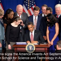 President Barack Obama signs the America Invents Act September 16, 2011, at Thomas Jefferson High School for Science and Technology in Alexandria, VA.