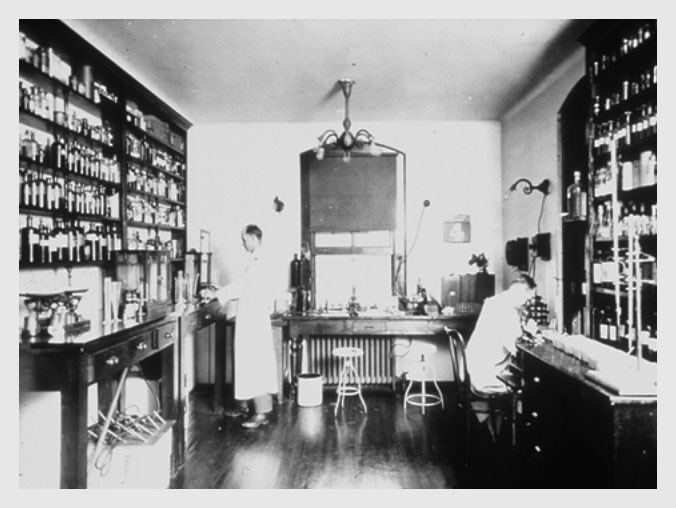 The original Hygienic Laboratory on the first floor of the main building of the rented Marine Hospital, Stapleton, Staten Island, New York. The image is undated but was presumably taken between 1887 and 1891.