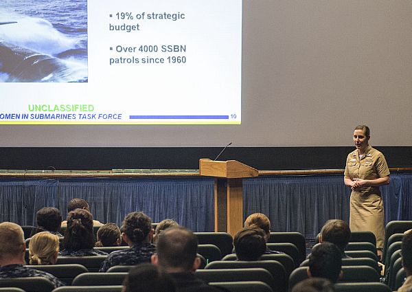 SAN DIEGO (Feb. 9th, 2015) Lt. Jennifer Carroll, the Women in Submarines coordinator at Submarine Forces Atlantic, speaks to Sailors during an all-hands call at Naval Base San Diego. The Enlisted Women in Submarines Road Show is visiting different military bases in the San Diego area. U.S. Navy photo by Mass Communication Specialist 3rd Class Emiline L. M. Senn.