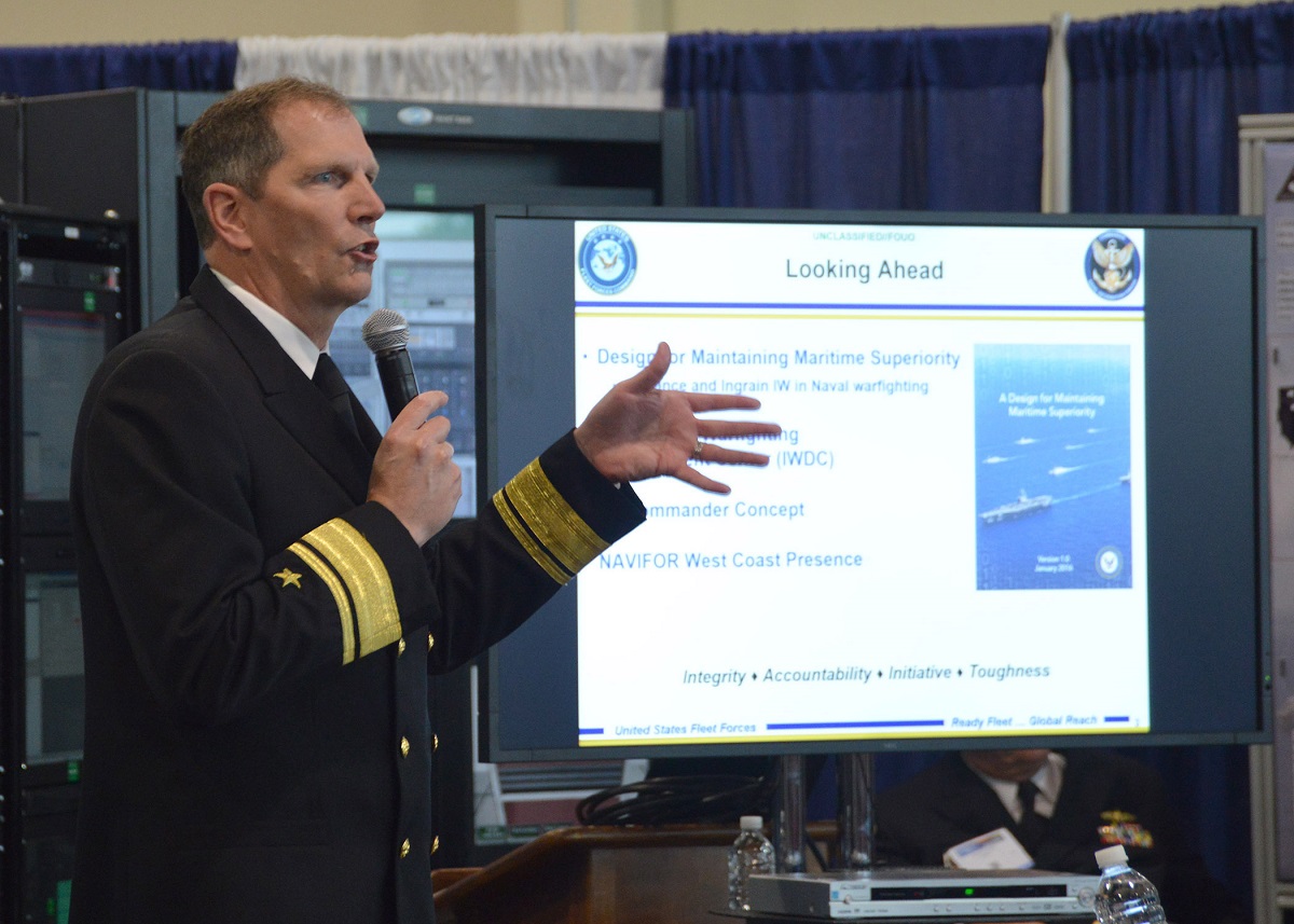 Rear Adm. Matthew J. Kohler, Commander, Naval Information Forces (NAVIFOR) spoke to a group of more than 100 on May 17 at the Sea-Air-Space “Global Maritime Expo," at the Gaylord National Resort and Convention Center in National Harbor, Md. U. S. Navy photo by Robert Fluegel / Released 

