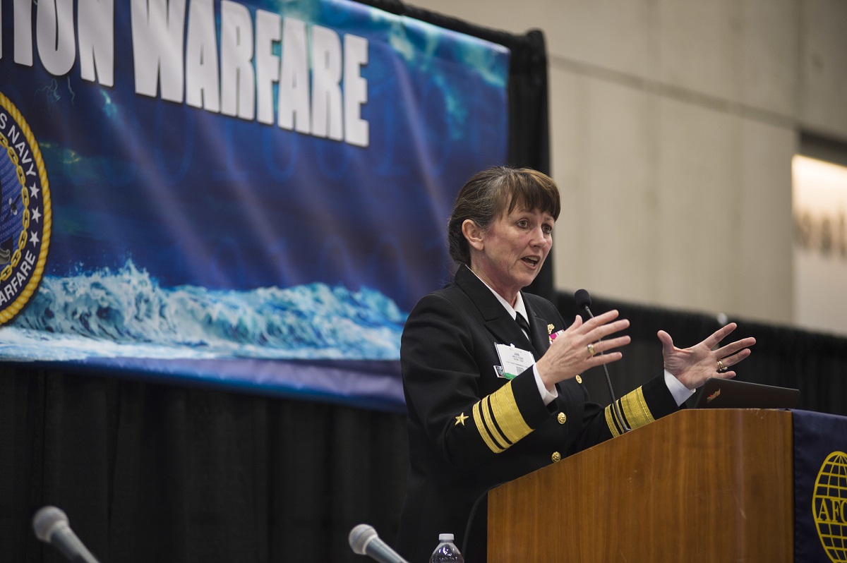 SAN DIEGO (Feb. 17, 2016) Vice Adm. Jan Tighe, commander, U.S. Fleet Cyber Command, speaks about naval information dominance and cyber security during the Armed Forces Communication and Electronics Association-U.S. Naval Institute (AFCEA/USNI) West 2016 conference. AFCEA /USNI West is an annual conference featuring military and industry leaders from across the country.  U.S. Navy photo by Mass Communication Specialist 3rd Class Ellen Hilkowski  