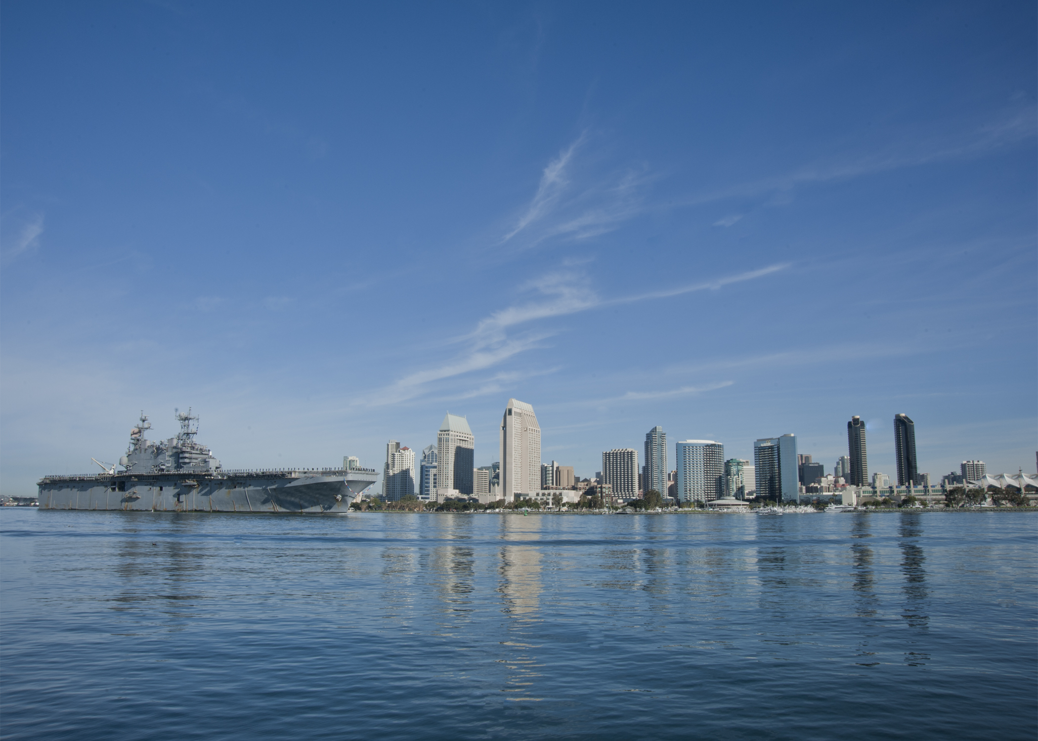 SAN DIEGO (Dec. 24, 2014) The amphibious assault ship USS Peleliu (LHA 5) returns to San Diego following the completion of its final deployment to the Western Pacific region. Peleliu completed Rim of the Pacific (RIMPAC) Exercise 2014 and conducted joint force amphibious operations in the U.S. 3rd and 7th Fleet areas of responsibility with the 31st Marine Expeditionary Unit (MEU) and Commander, Amphibious Squadron 11 (CPR 11) while supporting security and stability in the Indo-Asia-Pacific region.  The ship is scheduled for decommissioning early next year. U.S. Navy photo by Mass Communication Specialist 3rd Class Ryan J. Batchelder.