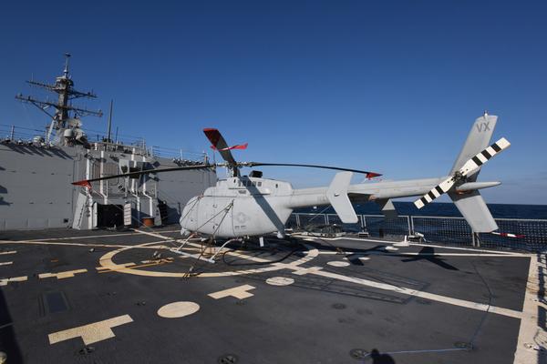 The MQ-8C Fire Scout conducts test operations aboard USS Jason Dunham (DDG 109) Dec. 17 off the coast of Virginia. During the five-day underway period, the MQ-8C completed its first ship-based flights to prepare for operational test in 2015. Photo courtesy of Northrop Grumman.