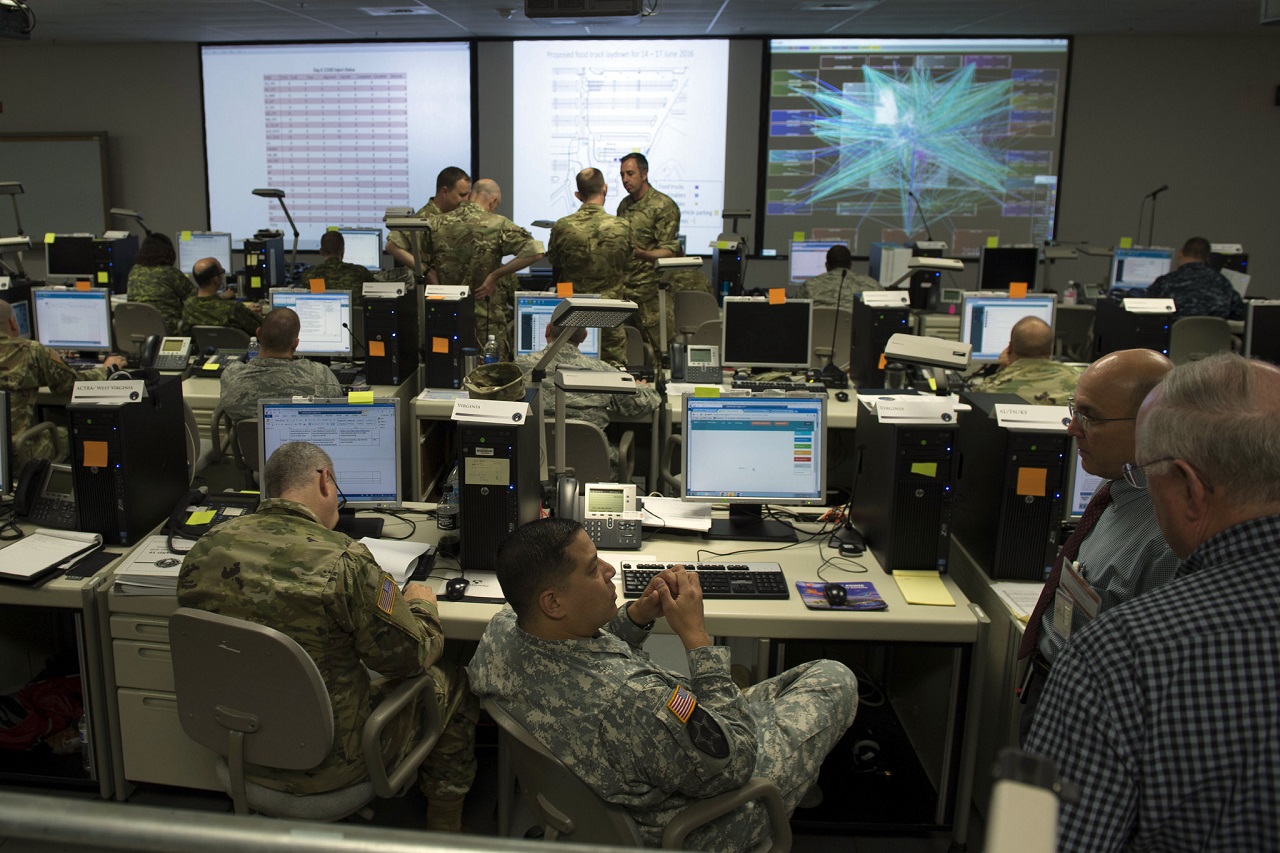 Participants in the joint, multinational exercise Cyber Guard 2016 work through a training scenario during the nine-day event in Suffolk, Va., June 16, 2016. Navy photo by Petty Officer 2nd Class Jesse A. Hyatt