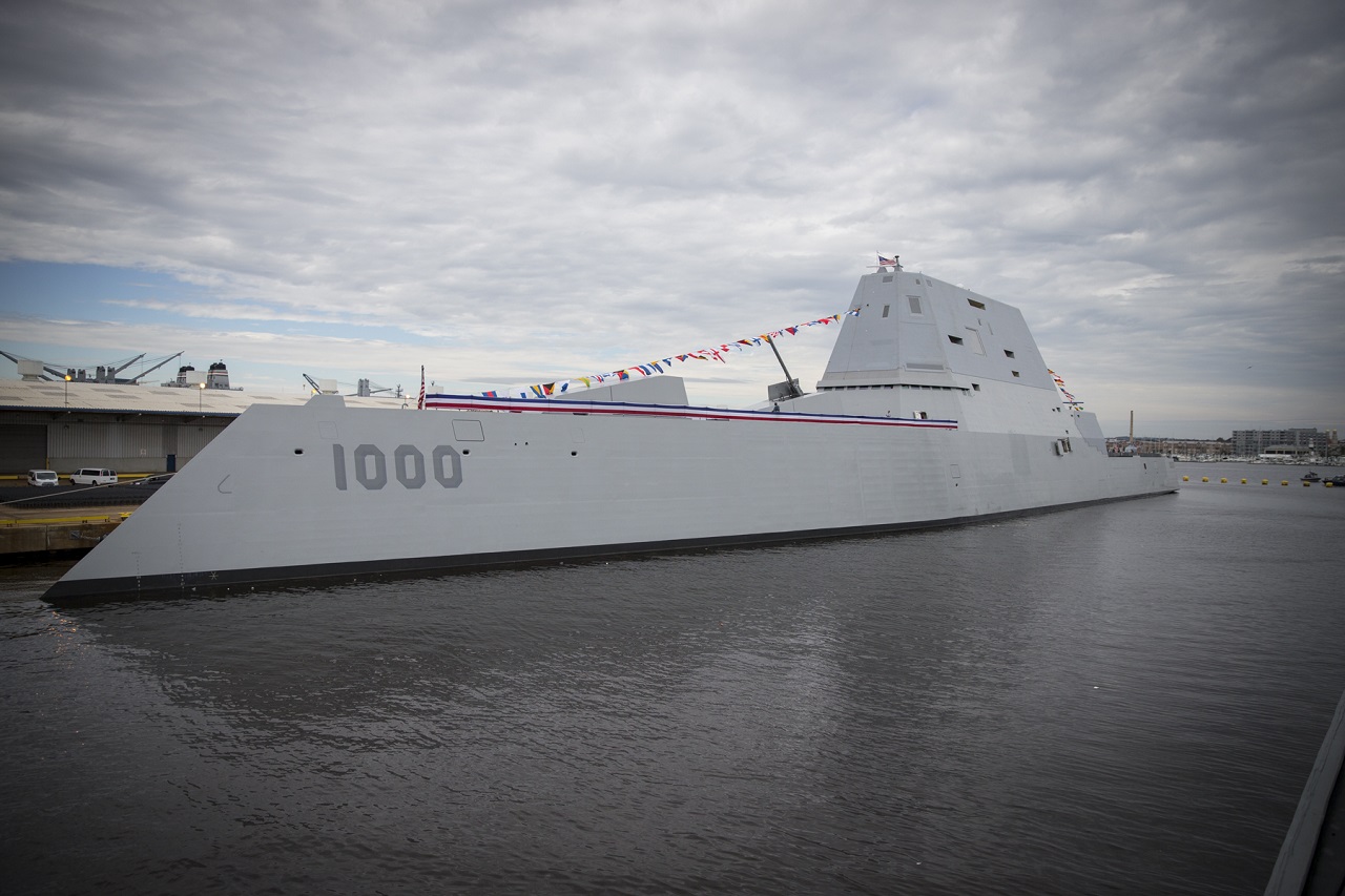 BALTIMORE (Oct. 13, 2016) The future Zumwalt-class guided-missile destroyer USS Zumwalt (DDG 1000) is pierside at Canton Port Services in preparation for its upcoming commissioning on Oct. 15, 2016. Zumwalt is named for former Chief of Naval Operations Elmo R. Zumwalt and is the first in a three-ship class of the Navy's newest, most technologically advanced multi-mission guided-missile destroyers.  U.S. Navy photo by Petty Officer 2nd Class George M. Bell/Released 