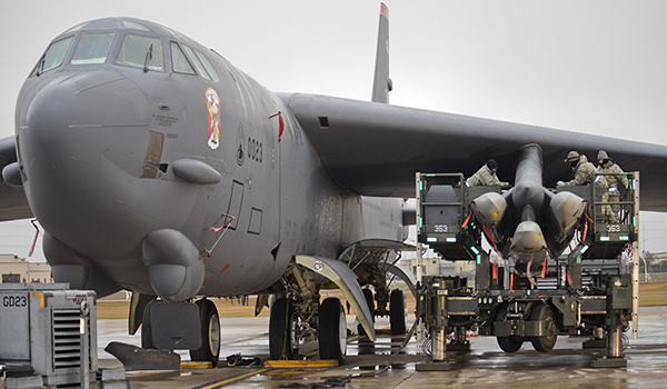 Airmen assigned to the 5th Aircraft Maintenance Squadron load AGM-86/B air-launched cruise missiles onto the wing of a B-52H Stratofortress at Minot Air Force Base, N.D., Nov. 3, 2015, during Exercise Global Thunder 16. The 5th Aircraft Maintenance Squadron is designated as U.S. Stratcom’s Task Force 204 and supports strategic deterrence and global strike missions by providing combat-ready forces, including long-range, nuclear-capable B-2 Spirit and B-52H Stratofortress bombers. Air Force photo by Airman 1st Class J.T. Armstrong
