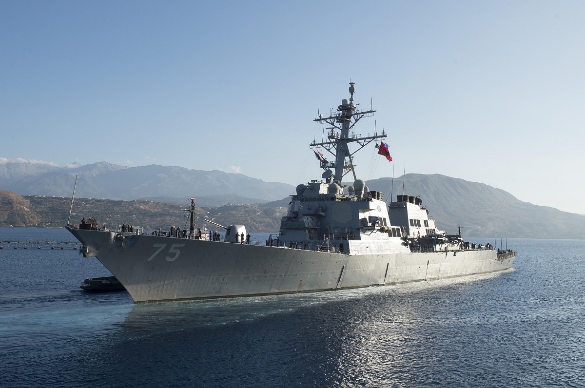 SOUDA BAY, Greece (June 29, 2016) USS Donald Cook (DDG 75) departs Souda Bay, Greece. Cook, an Arleigh Burke-class guided-missile destroyer, forward-deployed to Rota, Spain, is conducting a routine patrol in the U.S. 6th Fleet area of operations in support of U.S. national security interests in Europe.  U.S. Navy Photo by Mass Communication Specialist 3rd Class Robert S. Price/Released 