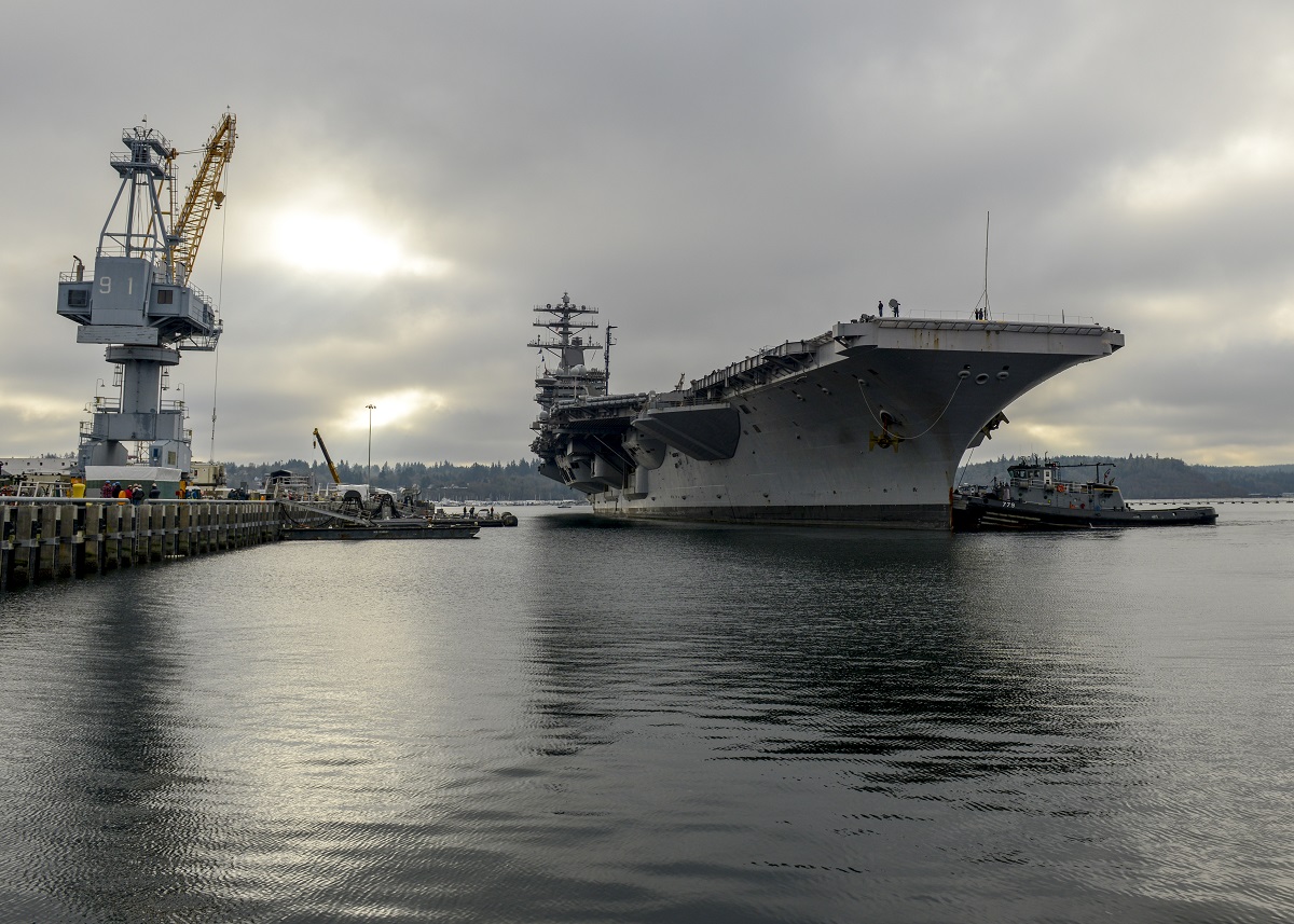 NAVAL BASE KITSAP BREMERTON, Wash. (Jan. 13, 2015) The Nimitz-class aircraft carrier USS Nimitz (CVN 68) arrives pierside at Naval Base Kitsap Bremerton. Nimitz is undergoing a planned incremental availability at Puget Sound Naval Shipyard and Intermediate Maintenance Facility where the ship will receive scheduled maintenance and upgrades.  U.S. Navy photo by Mass Communication Specialist 2nd Class Ryan J. Mayes 