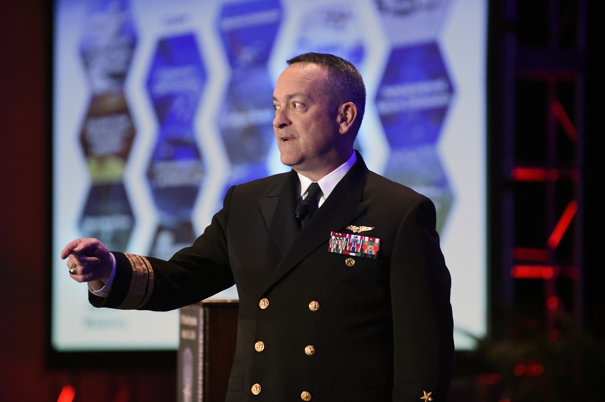 ARLINGTON, Va. (Jan. 13, 2016) Rear Adm. Mat Winter, chief of naval research, discusses game changing technology for the warfighter during a keynote address at the 28th annual Surface Navy Association (SNA) National Symposium. The Department of the Navy's Office of Naval Research provides the science and technology necessary to maintain the Navy and Marine Corps' technological advantage. U.S. Navy photo by John F. Williams 