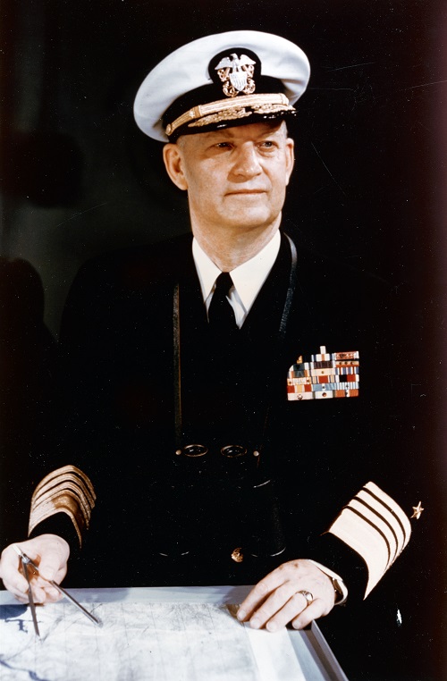 Admiral Arleigh A. Burke, Chief of Naval Operations, designate portrait, dated 8 July 1955. He became Chief of Naval Operations on 17 August of that year. Burke was a distinguished commander of World War II and the Korean War, and served as Chief of Naval Operations during the Eisenhower and Kennedy administrations. His three two-year terms took the Navy through great operational and technical changes during a time of constant international tension. The USS Arleigh Burke (DDG-51), the lead ship of her class of Aegis-equipped guided missile destroyers, was commissioned in his honor in 1991, during his lifetime. Official U.S. Navy photograph, Naval History and Heritage Command, now in the collections of the National Archives.