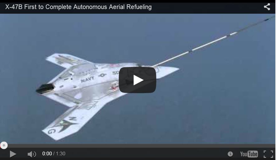 PATUXENT RIVER, Md. (April 22, 2015) The X-47B successfully conducted the first ever Autonomous Aerial Refueling (AAR) of an unmanned aircraft April 22, completing the final test objective under the Navy’s Unmanned Combat Air System demonstration program. <a href="https://www.youtube.com/watch?feature=player_embedded&v=sKmCXa_6CPg" alt='Link will open in a new window.' target='whole'>U.S. Navy video</a> 