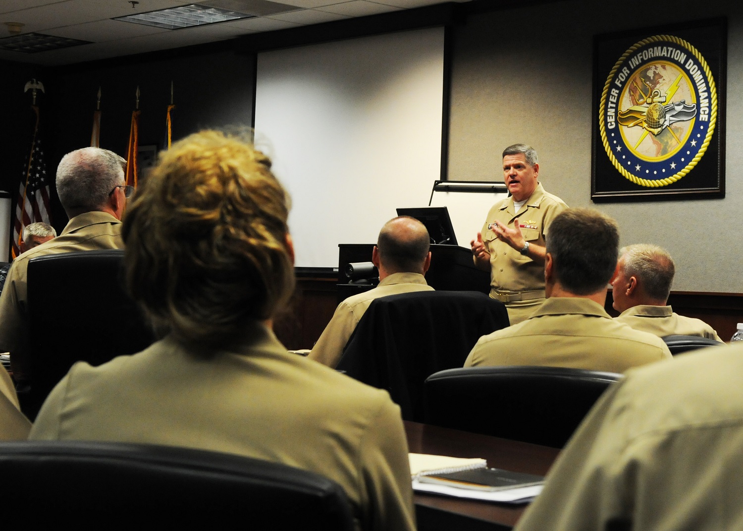 PENSACOLA, Fla. (Aug. 28, 2015) Rear Adm. Daniel J. MacDonnell, commander of Information Dominance Corps Reserve Command (IDCRC) and reserve deputy commander of Navy Information Dominance Forces (NAVIDFOR), delivers remarks during a three-day symposium for senior Reserve information warfare officers. Held at the Center for Information Dominance, the meeting brought together leaders to discuss a variety of issues affecting career progression and retention for both Reserve officers and enlisted personnel within the Information Dominance Corps. U.S. Navy photo by Carla M. McCarthy  