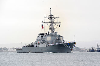 SAN DIEGO (Sept. 11, 2012) The Arleigh Burke-class guided-missile destroyer USS Milius (DDG 69) returns to homeport Naval Base San Diego after an eight-month independent deployment to the western Pacific and U.S. Central Command areas of responsibility. Milius enhanced relationships with foreign coastal states, provided local security to merchantmen and fishermen in international waters, and conducted approach and assistance visits to mariners at sea. The ship also conducted Iraqi infrastructure protection exercises with the U.S. Coast Guard, Kuwaiti Navy and British Royal Navy forces. U.S. Navy photo by Mass Communication Specialist 2nd Class Rosalie Garcia.