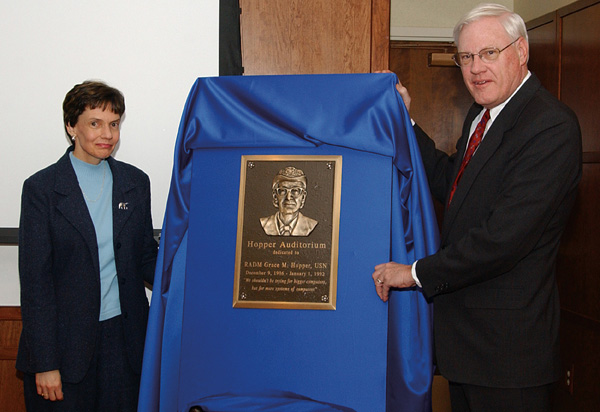 Dr. Margaret E. Myers, Principal Director for the Deputy Assistant Secretary of Defense Deputy Chief Information Officer and Dr. Robert D. Childs, Director of the IRMC, unveiling the Grace M. Hopper memorial plaque. Photo by Army Sgt. Linda Tsang, Visual Information Specialist for the National Defense University.