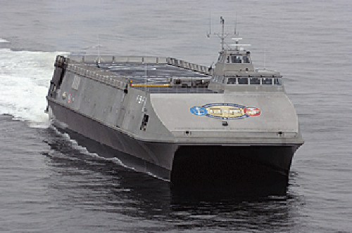The U.S. Navy’s test platform Sea Fighter (FSF 1), developed by the Office of Naval Research, arrives at her new homeport of San Diego, Calif., Aug. 1, 2005. This high-speed aluminum catamaran will test a variety of technologies that will allow the Navy to operate in littoral waters. With a base crew of 26, Sea Fighter will also provide a platform for the evaluation of minimum manning concepts on future naval surface ships. U.S. Navy photo by John F. Williams