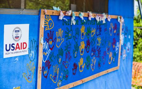 Survivors of Ebola leave their handprint on a wall of the Bong County Ebola Treatment Unit.
