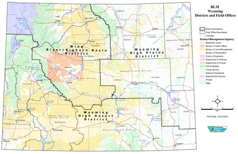 Map of Wyoming showing District and Field Offices and land status.