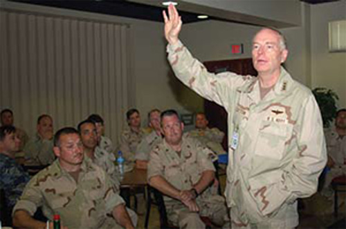 NAVAL SUPPORT ACTIVITY BAHRAIN – July 25, 2007 – Vice Adm. John G. Cotton, Commander of the Navy Reserve Force, answers a question posed during an all hands call at Naval Support Activity Bahrain. Cotton was in Bahrain as part of his sixth visit to the Fifth Fleet area of responsibility. U.S. Navy photo by Mass Communication Specialist 1st Class David Hamilton.