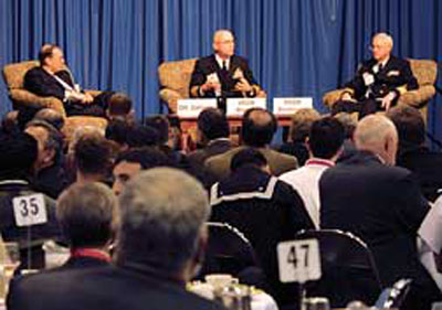 Dr. Dov S. Zakheim, former Under Secretary of Defense (Controller) and chief financial officer for the Department of Defense speaks with Vice Adm. John G. Morgan, Deputy Chief of Naval Operations for Information, Plans and Strategy, and Rear Adm. Michael C. Bachmann, commander of the Space and Naval Warfare Systems Command, during a luncheon panel at West 2007. U.S. Navy photo by Mass Communication Specialist Seaman Omar Alexander Dominquez.