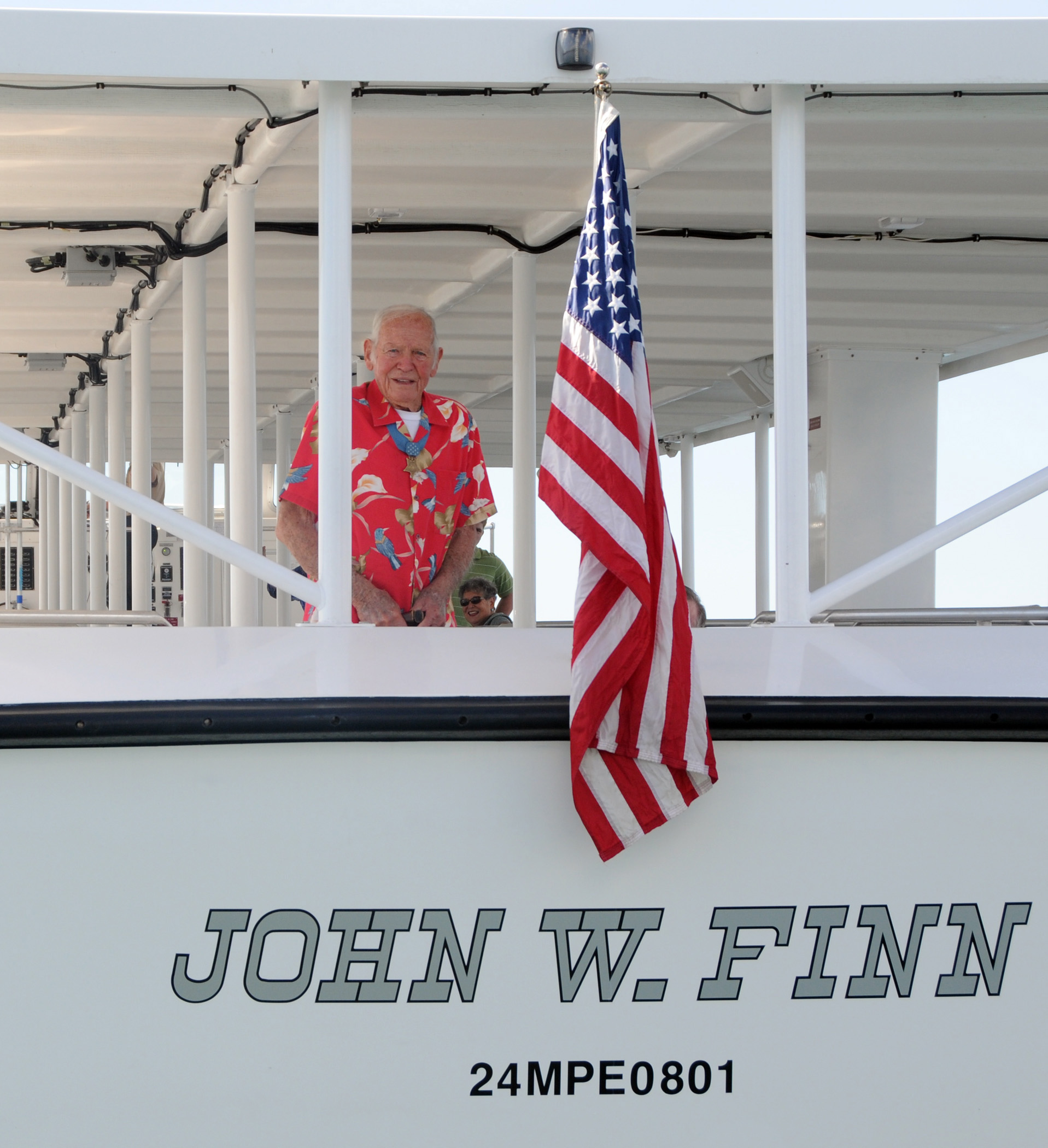 John Finn aboard his namesake ferry. Photo courtesy of U.S. Navy.