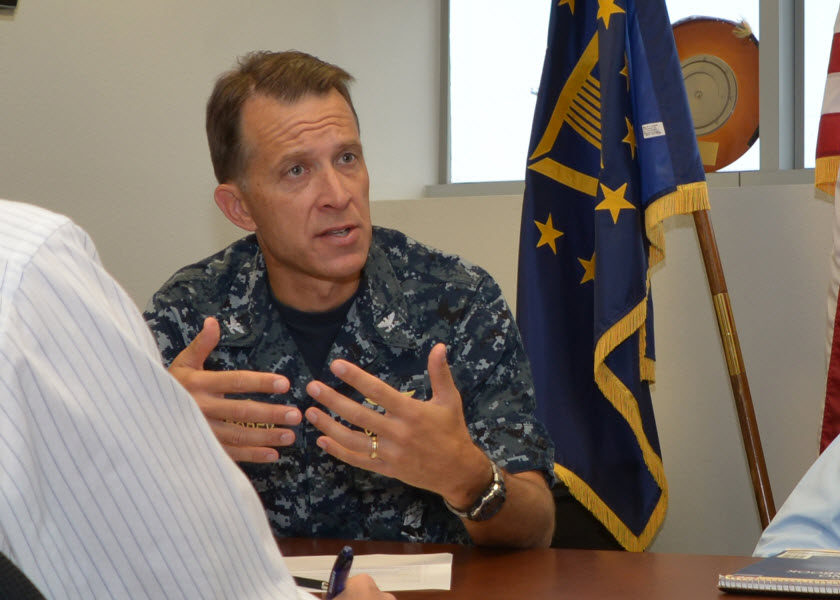 SAN DIEGO (Oct. 1, 2014) Capt. John Robey, Space and Naval Warfare Systems Command’s  (SPAWAR) Fleet Readiness (FRD) Fleet Support Program Manager discusses FRD’s Cyber Readiness Team during an interview with the public affairs office’s Wayne Boll and Tina Stillions. U.S. Navy photo by Rick Naystatt. 