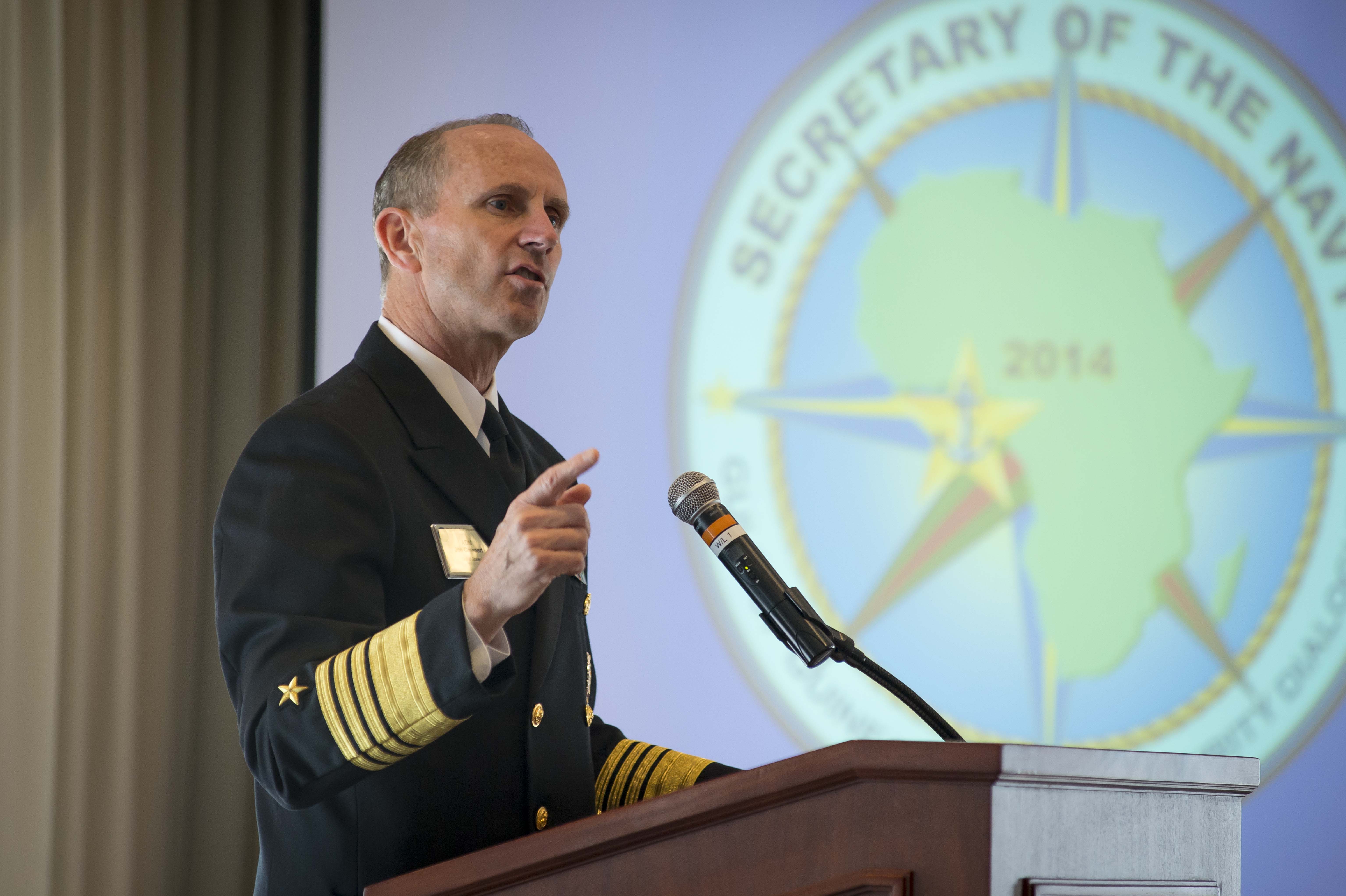 NEWPORT, R.I. (Sept. 16, 2014) Chief of Naval Operations (CNO) Adm. Jonathan Greenert makes brief introductory remarks during a special Gulf of Guinea Maritime Security Dialogue hosted by Secretary of the Navy Ray Mabus at the 21st International Seapower Symposium (ISS-21). The ISS is hosted by the U.S. Naval War College biannually and is the world's largest gathering of naval leadership, which provides a platform for group and individual discussions for the more than 100 countries represented this year. U.S. Navy photo by Chief Mass Communication Specialist Peter D. Lawlor.