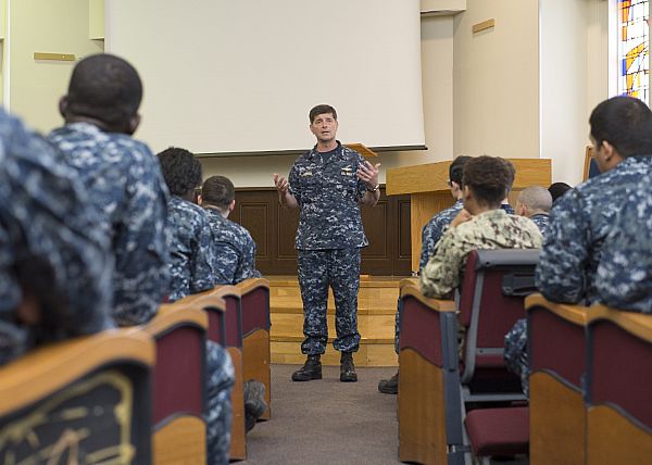 SASEBO, Japan (May 19, 2014) Chief of Naval Personnel Vice Adm. William F. Moran speaks to Sailors assigned to Fleet Activities Sasebo during an all-hands call. Moran spoke to Sailors on issues such as career sea pay, fleet manning and the career navigator program during a tour of naval bases. (U.S. Navy photo by Mass Communication Specialist Seaman Apprentice Patrick Dionne)