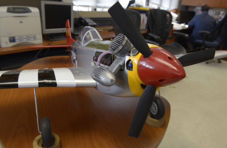 Replica of WWII P-51 Mustang red-tail aircraft was used at the Naval Research Laboratory to test “fuel from the sea” concept, April 2, 2014. Naval Research Laboratory has developed and demonstrated technologies for the recovery of CO2 to hydrocarbons that can be used to produce designer fuel April 2, 2014. U.S. Navy Photo by Mass Communication Specialist 3rd Class Gregory Pickett.