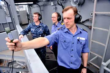 Lt. Anna Townsend, from Wales, and Leading Seaman Paul Allen, from ATLANTIC OCEAN (Oct. 8, 2012) Royal Navy Leading Seaman Paul Allen, assigned to the Fleet Hydrographic and Meteorological unit based at Her Majesty's Naval Base Devonport in Plymouth, England, reads a kestrel device that measures environmental information aboard the aircraft carrier USS Harry S. Truman (CVN 75). Harry S. Truman is underway conducting tailored ship's training availability. Join the conversation on social media using #warfighting. U.S. Navy photo by Mass Communication Specialist Seaman Lorenzo J. Burleson. 