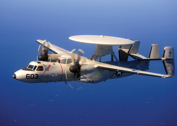 GULF OF OMAN (March 25, 2009) An E-2C Hawkeye, assigned to the “Bear Aces” of Carrier Airborne Early Warning Squadron (VAW) 124 flies over the Gulf of Oman. U.S. Navy photo by Mass Communication Specialist 3rd Class Jonathan Snyder.