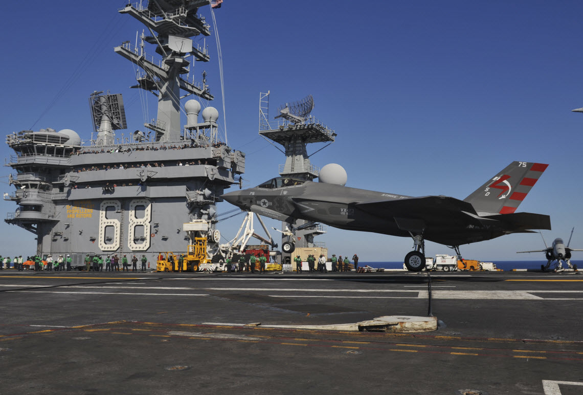 PACIFIC OCEAN (Nov. 3, 2014) An F-35C Lightning II carrier variant joint strike fighter conducts its first arrested landing aboard the aircraft carrier USS Nimitz (CVN 68). Nimitz is underway conducting routine training exercises. U.S. Navy photo by Mass Communication Specialist 3rd Class Kelly M. Agee.
