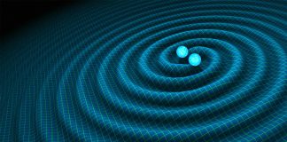 Illustration of blue objects orbiting and creating waves (R. Hurt/Caltech-JPL)