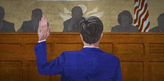 Graphic of man with hand raised before Senate committee (State Dept./Doug Thompson)