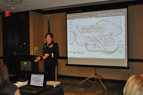 (Feb. 17, 2011) VIRGINIA BEACH, Va. U.S. Army Maj. Gen. Susan Lawrence speaking at a Women in Defense luncheon. Lawrence was assigned as Chief Information Officer/G-6, for the Office of the Secretary of the Army and the Chief of Staff of the Army, Washington, D.C., March 3, 2011. Lawrence was promoted to lieutenant general March 25. Photo by Holly Quick/SPAWARSYSCEN Atlantic.